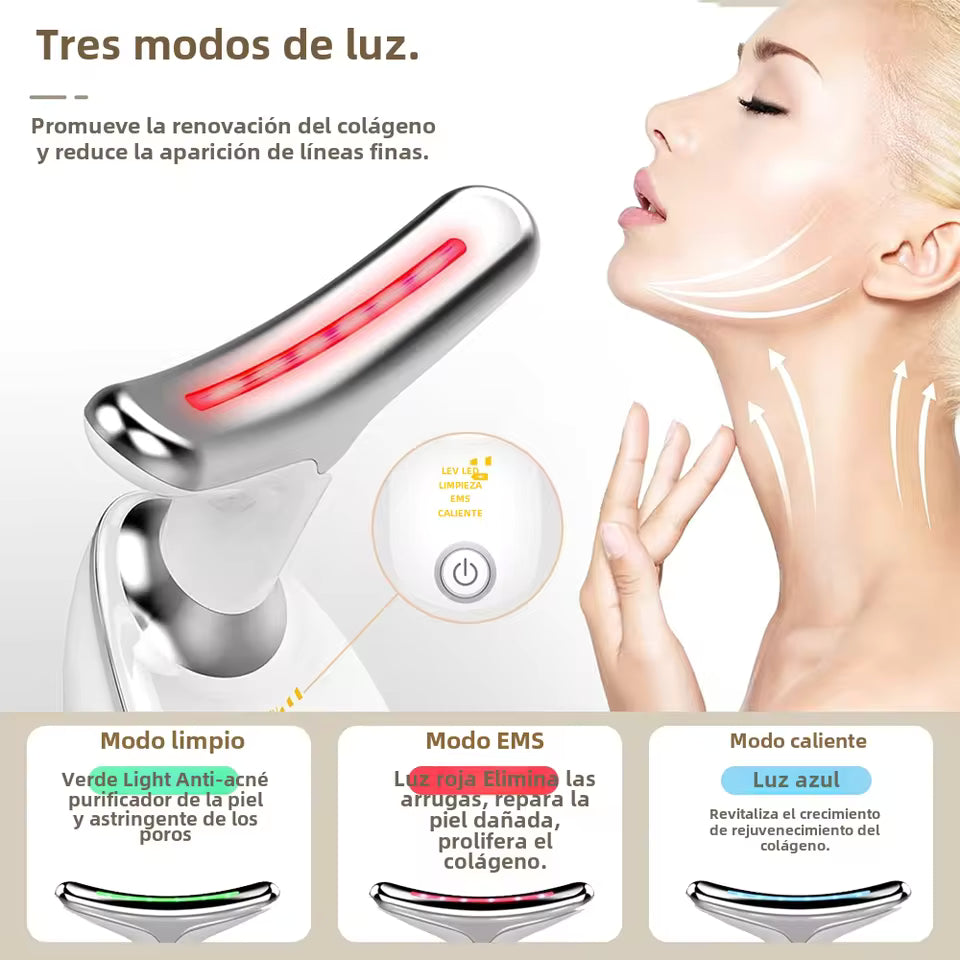 Masajeador Facial Anti-Edad 3 en 1 - LED, Vibración y Calor para Piel Firme y Rejuvenecida.